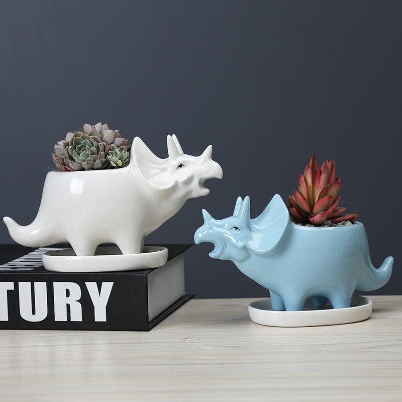 Joli pot de fleurs succulentes en forme de dinosaure avec plateau de drainage