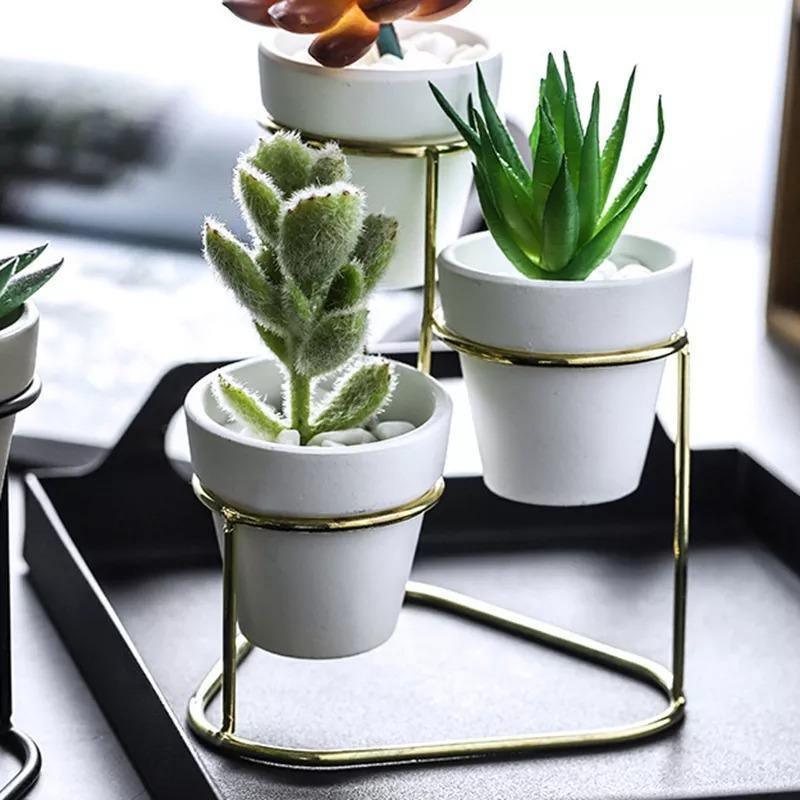 Tiered Ceramic Planters with Metal Stand