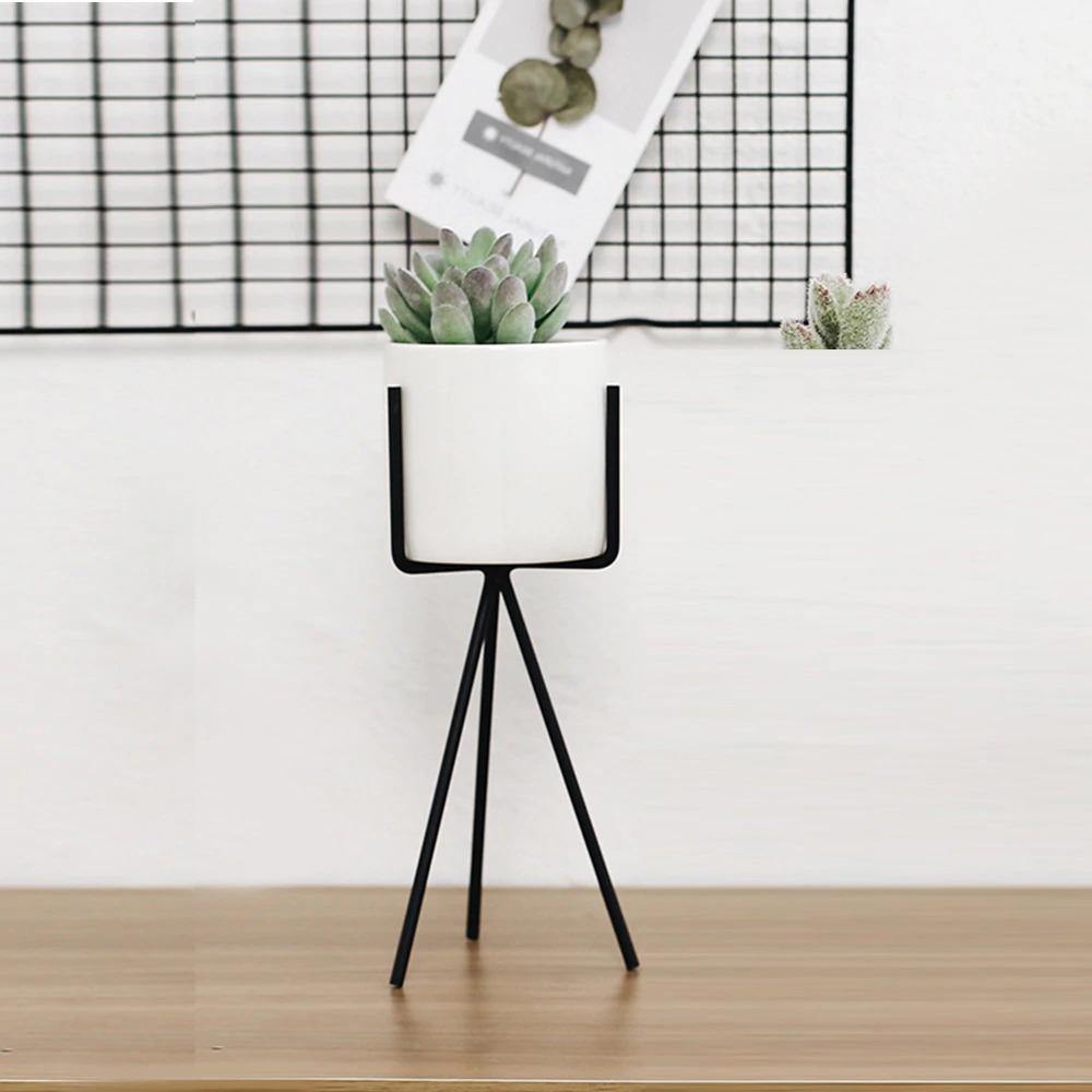 Long Tabletop Ceramic Planter with Geometric Iron Stand