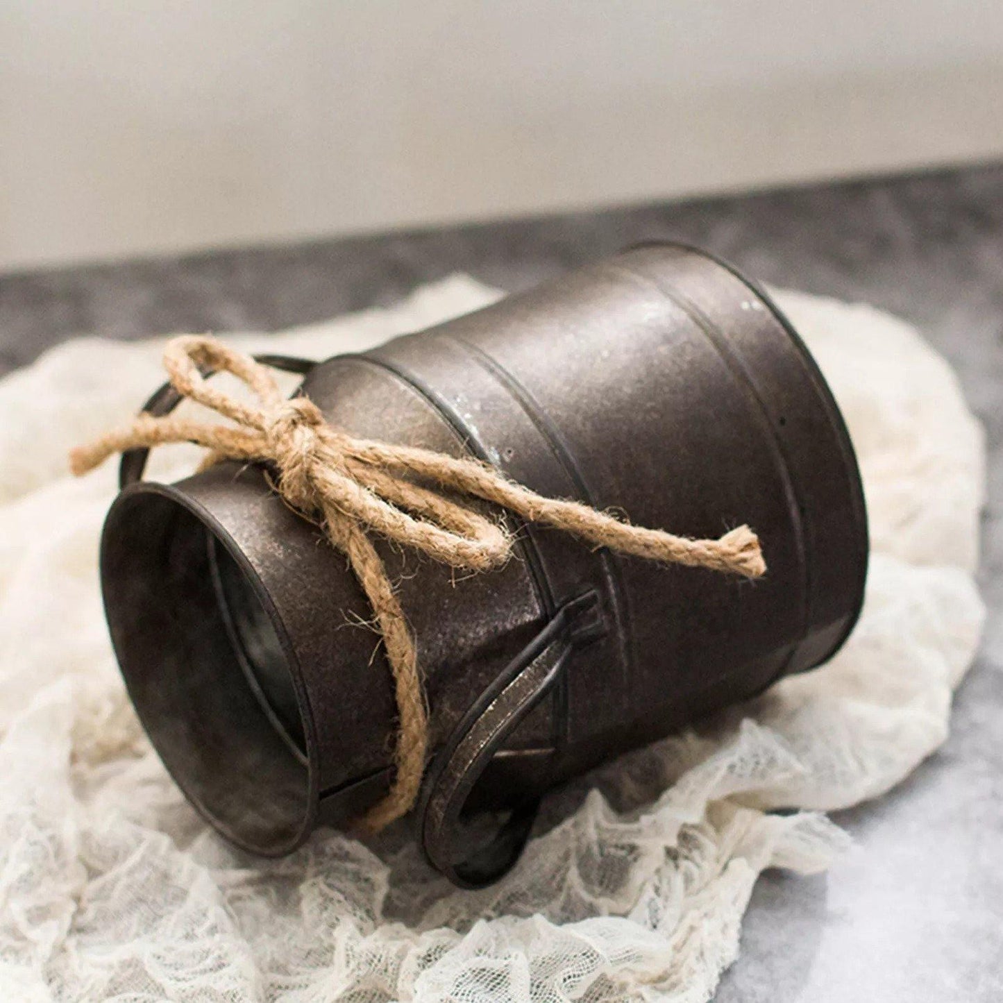 Vintage Iron Flower Bucket with Hemp Rope