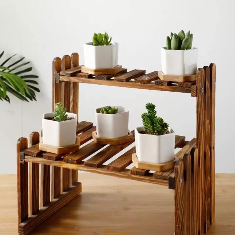 Jardinière succulente en céramique hexagonale avec soucoupe en bambou