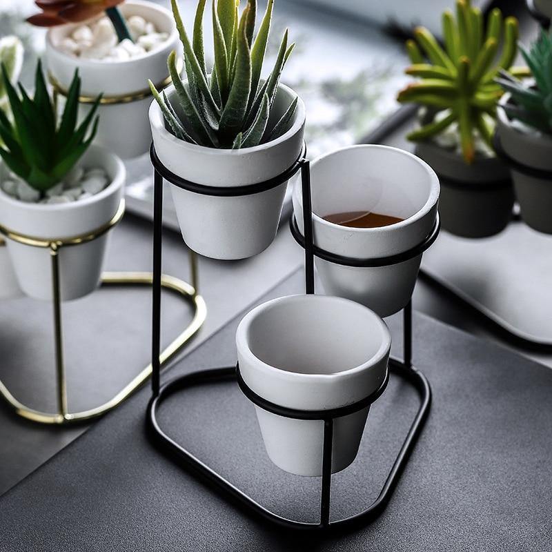 Tiered Ceramic Planters with Metal Stand