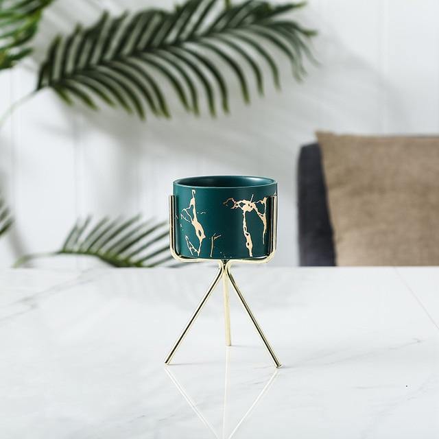 Short Tabletop Marbled Ceramic Planter with Geometric Metal Stand