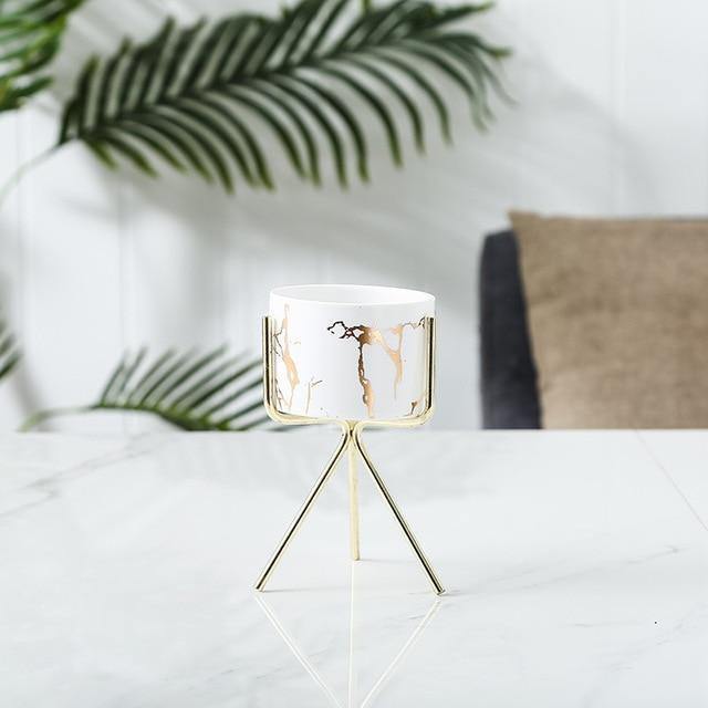 Short Tabletop Marbled Ceramic Planter with Geometric Metal Stand