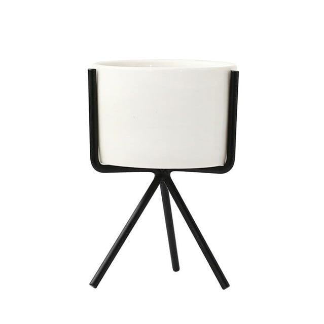 Short Tabletop Ceramic Planter with Geometric Metal Stand