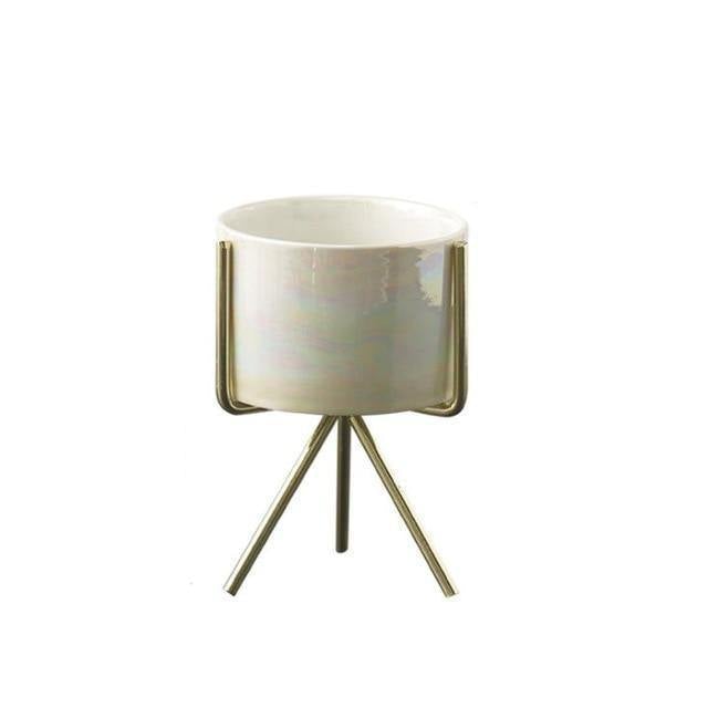 Short Tabletop Ceramic Planter with Geometric Metal Stand