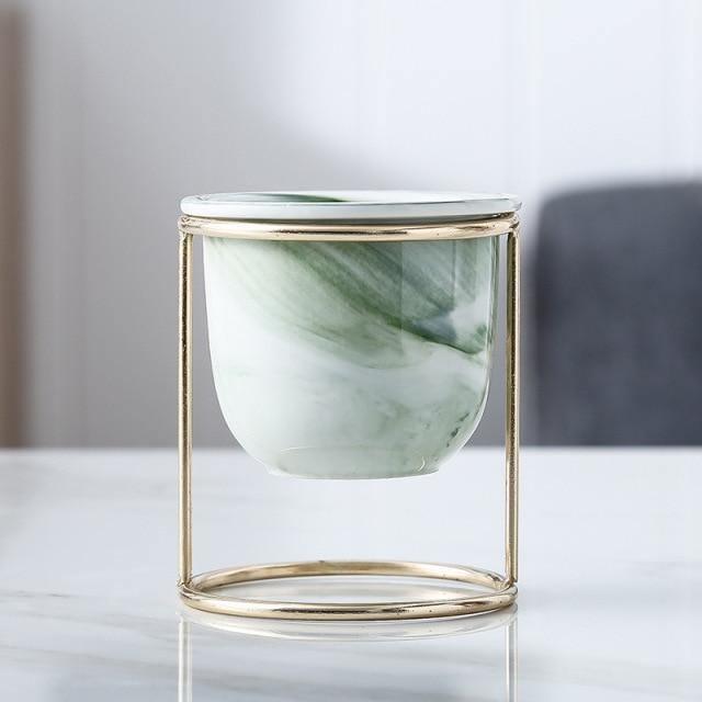 Marbled Ceramic Planter with Gold Metal Plant Stand