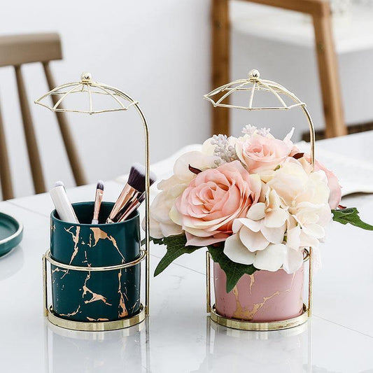 Ceramic Marbled Planter with Gold Umbrella Stand