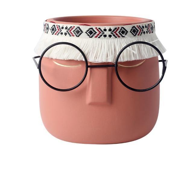 Ceramic Abstract Sleeping Face Planter with Headband and Glasses