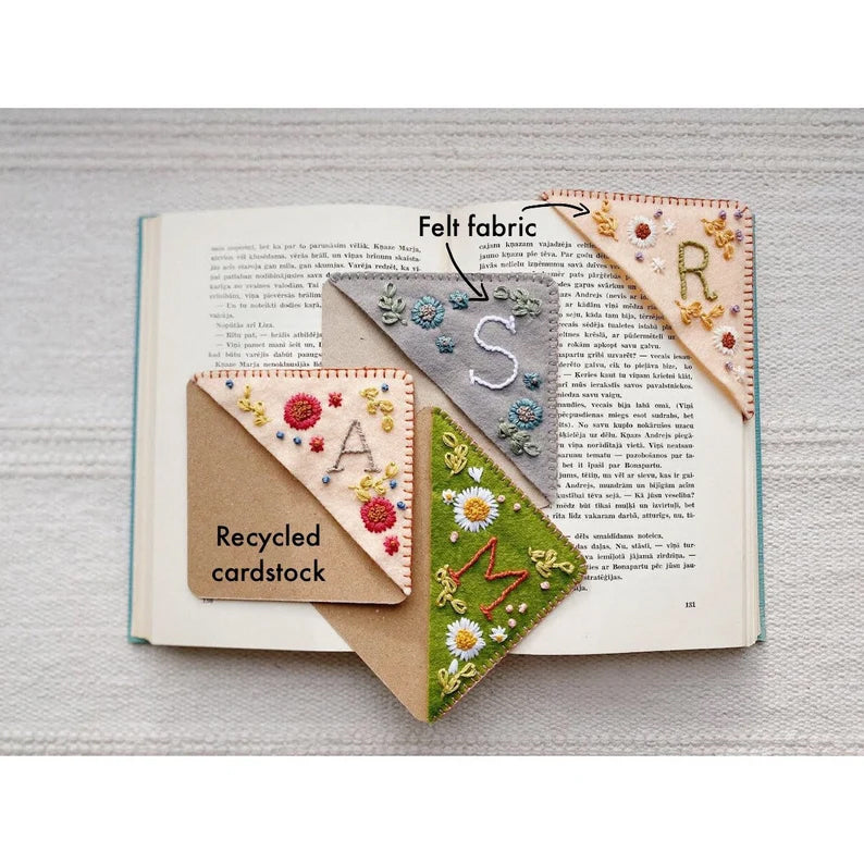 Personalized hand embroidered corner bookmark