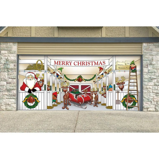 7 ft. x 16 ft. Huge Santa's Reindeer Barn Christmas Garage Door Decor  for Double Car Garage