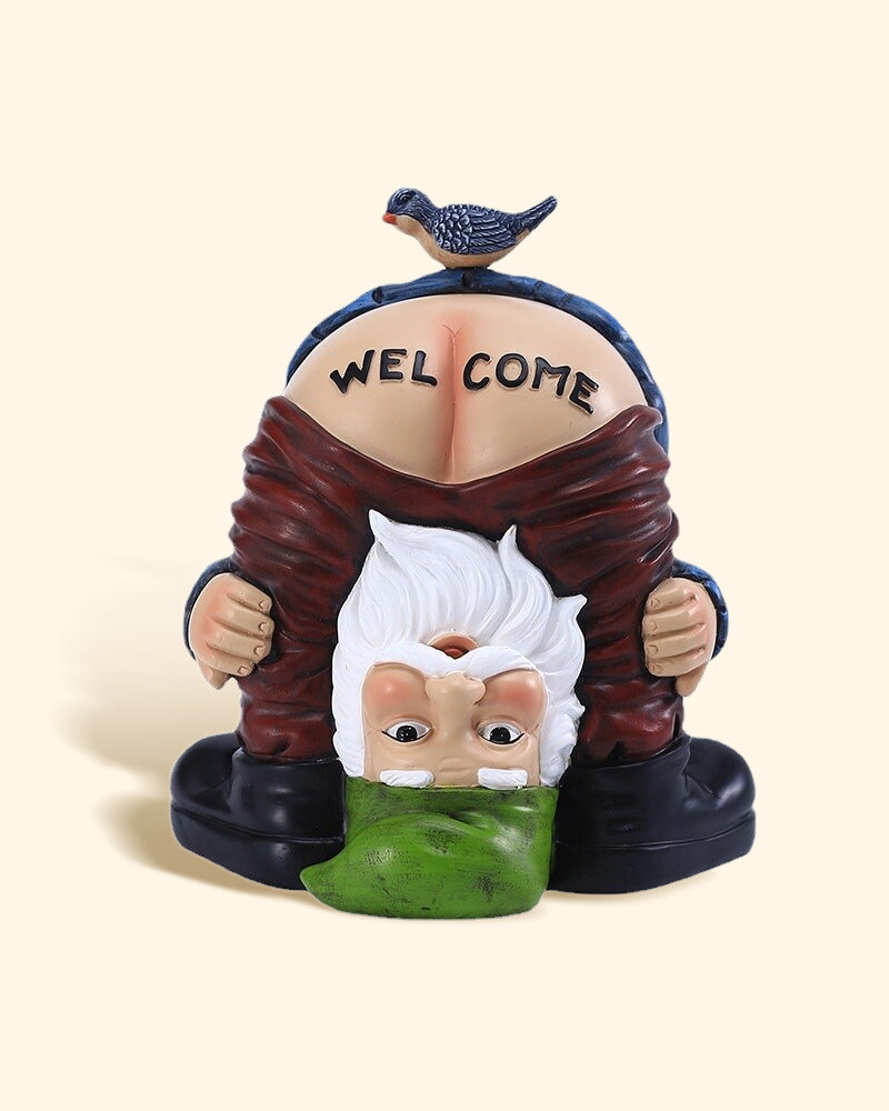 Funny handstand welcomes garden gnomes welcome sign