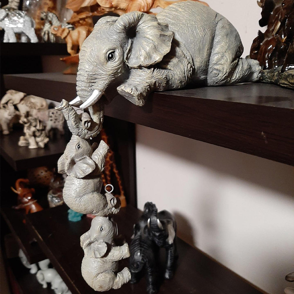 Elephant Mothers Hanging 2-Babies Figurine Animal Resin Craft Ornaments