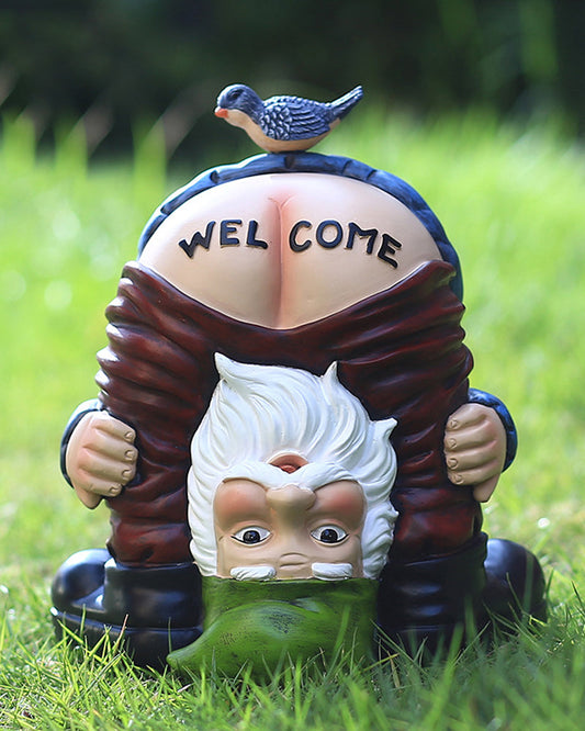 Funny handstand welcomes garden gnomes welcome sign