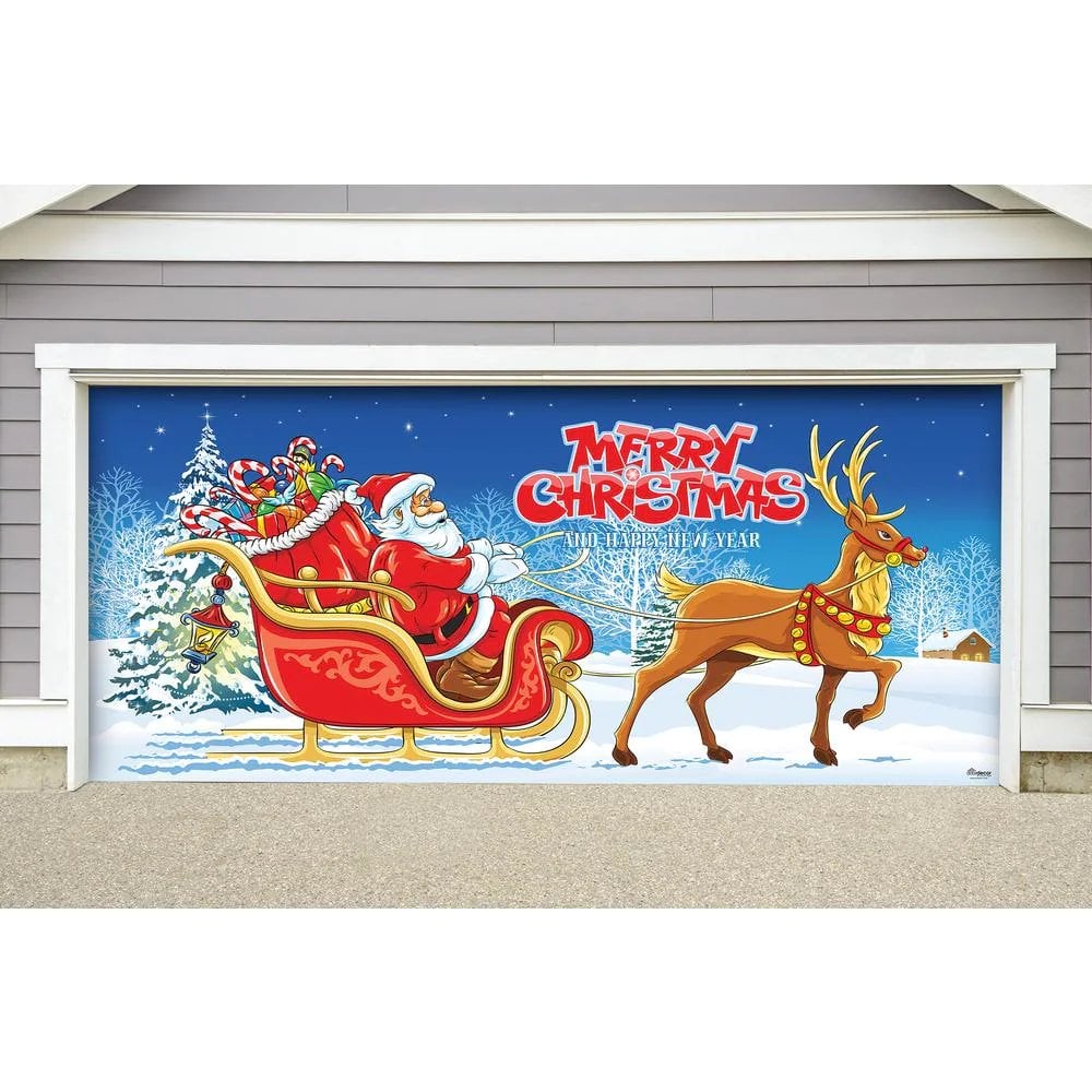 7 ft. x 16 ft. Santa's Sleigh Ride-Christmas Garage Door Decor  for Double Car Garage