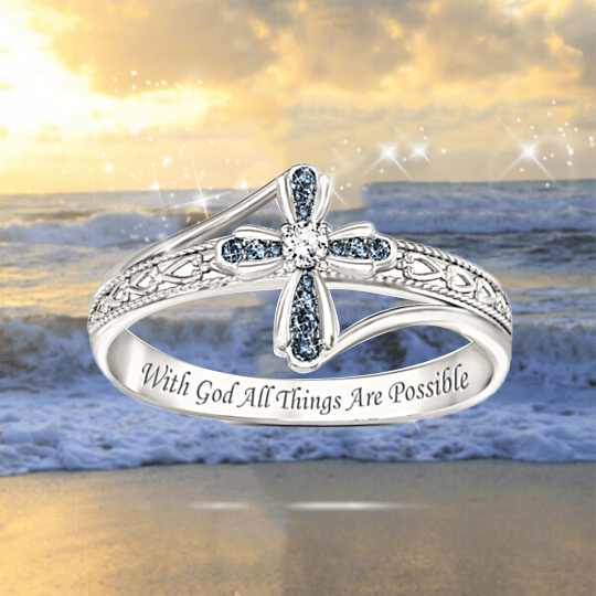 Engraved "Heavenly Grace" Genuine Blue Diamond Cross Ring