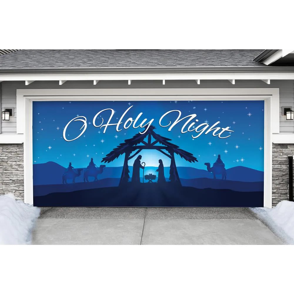 7 pi x 16 pi Crèche de Noël O' Holy Night-décor de porte de garage de Noël pour garage double 