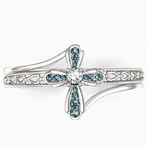 Engraved "Heavenly Grace" Genuine Blue Diamond Cross Ring